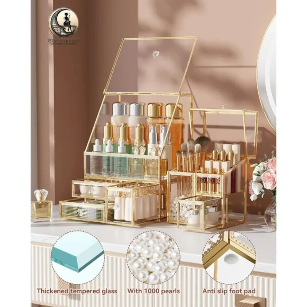 Clear Makeup Organizer with Gold Frame, Vanity Storage for Skincare & Cosmetics